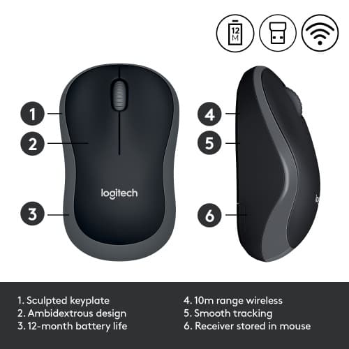 Logitech M185 trådløs mus, RF trådløs, 1000 DPI, sort/grå