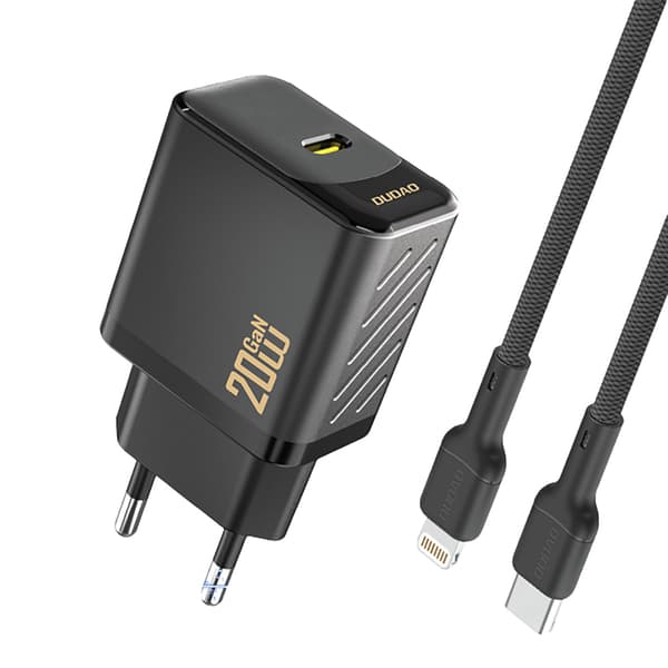 USB-C vægoplader med USB-C kabel - iPhone Lightning GaN PD 20W - Sort