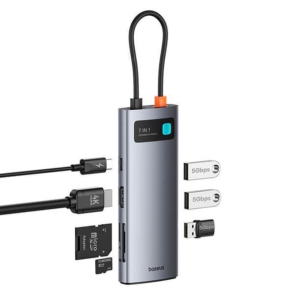 7in1 HUB-sovitin Metal Gleam USB-C HDMI USB-A USB-C PD SD microSD - harmaa