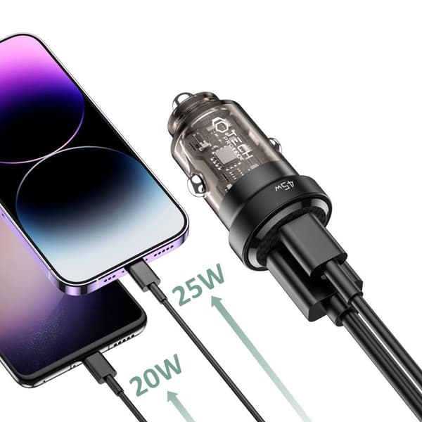USB-C USB-A CC45W QC 45W Biloplader - Sort