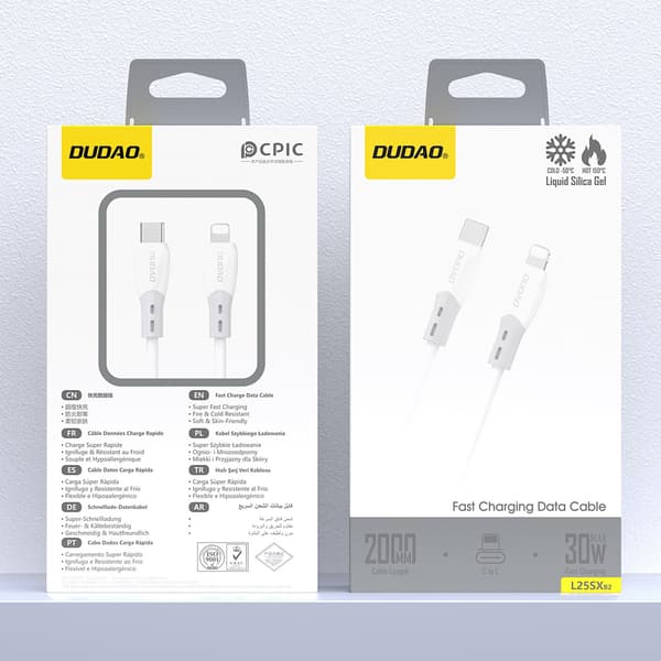 Silikoneflettet USB-C-kabel - iPhone Lightning L25SX 30W 2m - Hvid
