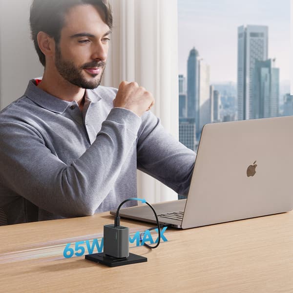 USB-C USB-A GaN 65W seinälaturi - harmaa