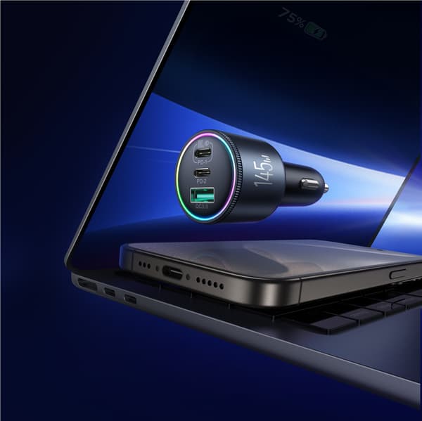 USB-A USB-C Biloplader med 145W Kabel - Mørkegrå