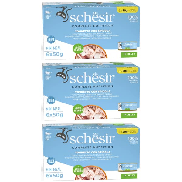 Våtfoder för katter SCHESIR M-Pack Tonfisk och abborre set 18x50g