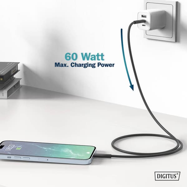 DIGITUS silikone strømkabel USB-C - USB-C, USB 2.0 60W, 2m sort