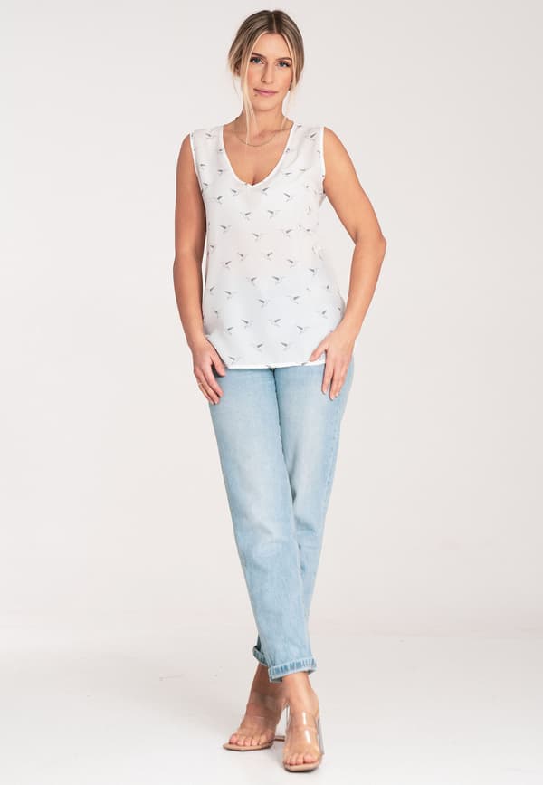 Elegant armløs bluse - mønstret bluse - ecru bluse størrelse M
