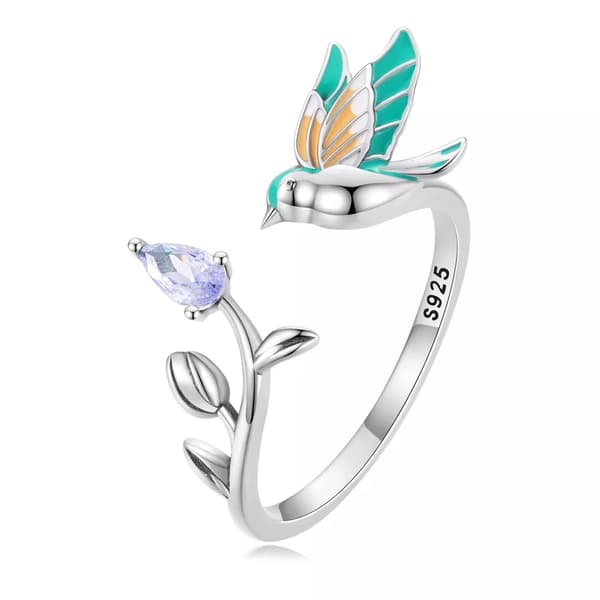 Anillo de colibrí ajustable de plata S925