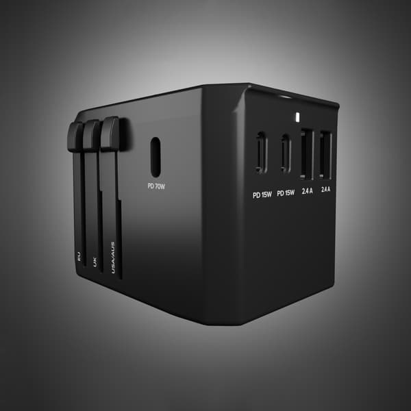 Rejseadapter EU UK US AUS USB-C USB-A GaN 70W - Sort