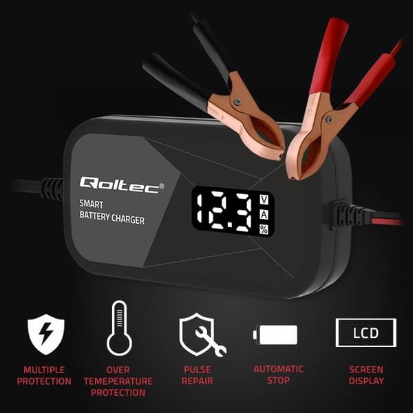 Qoltec Smart mikroprocessoroplader 12V | 2A | AGM GEL batterioplader | LCD