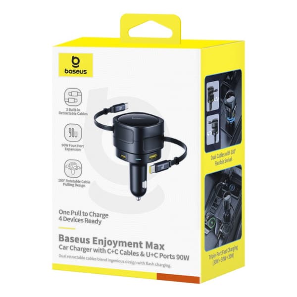 Billaddare med utdragbara kablar USB-C USB-A 90W
