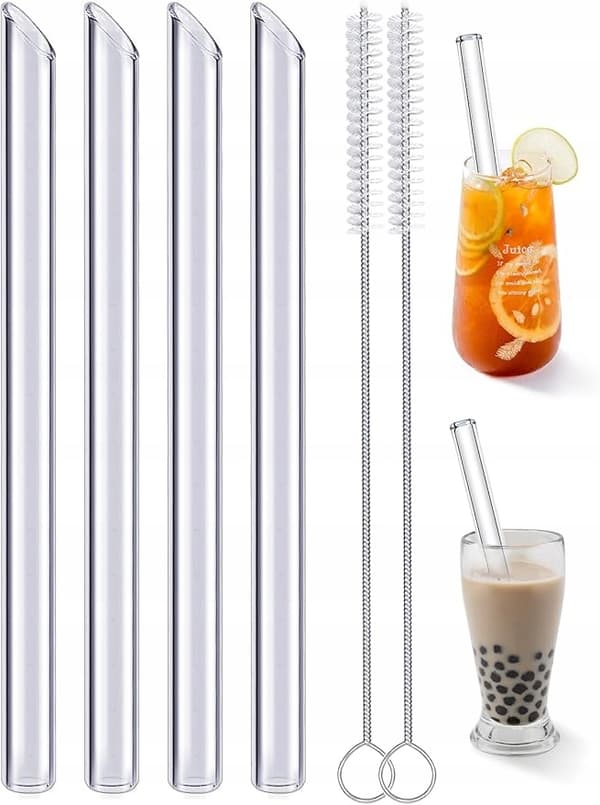 Set med 4 återanvändbara sugrör i glas.