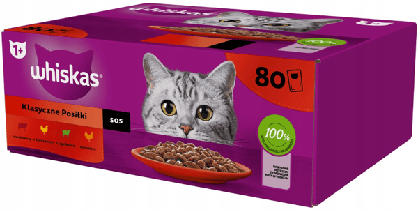 WHISKAS våtfoder för katt, såspåse, Fjäderfä/Lamm/Nötkött/Kyckling 80x85g