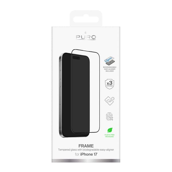 Hærdet glas til iPhone 17 med applikator og sort Puro Frame