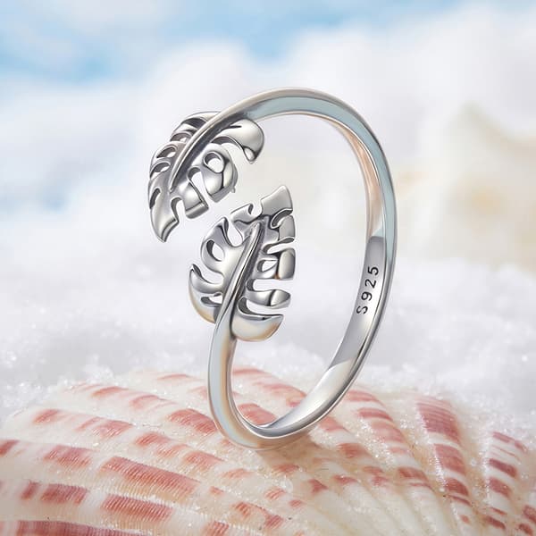 Anillo ajustable de plata con hoja de monstera 925 Trusky Silver