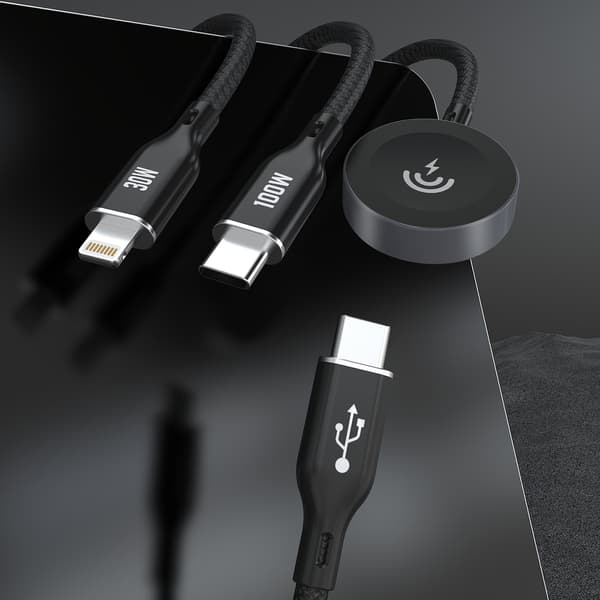 3-i-1-kabel USB-C - USB-C / iPhone Lightning / Apple Watch-oplader PD 100W 1,2m - sort