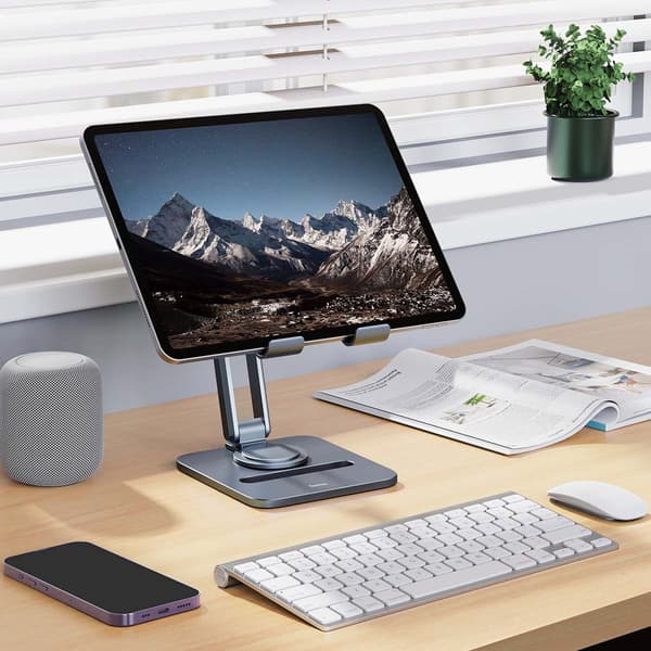 Foldbar drejelig tabletholder i aluminium - grå