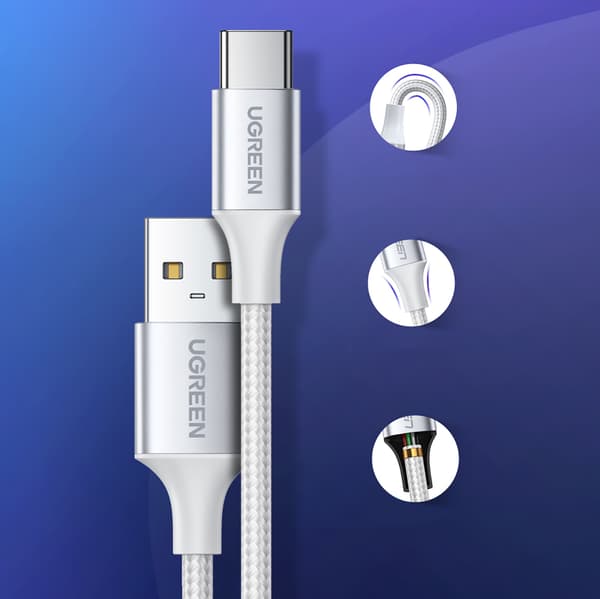 Flätad kabel USB-A - USB-C QC 3.0 3A 0,5m - vit