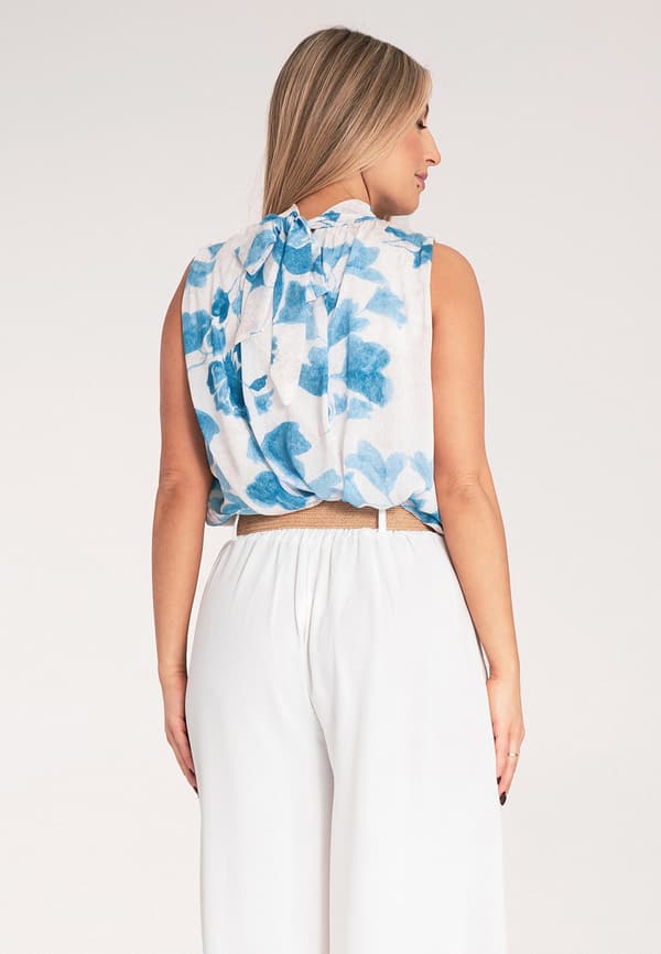 Elegant ærmeløs bluse - Elegant blomsterbluse - Blå bluse størrelse S/M