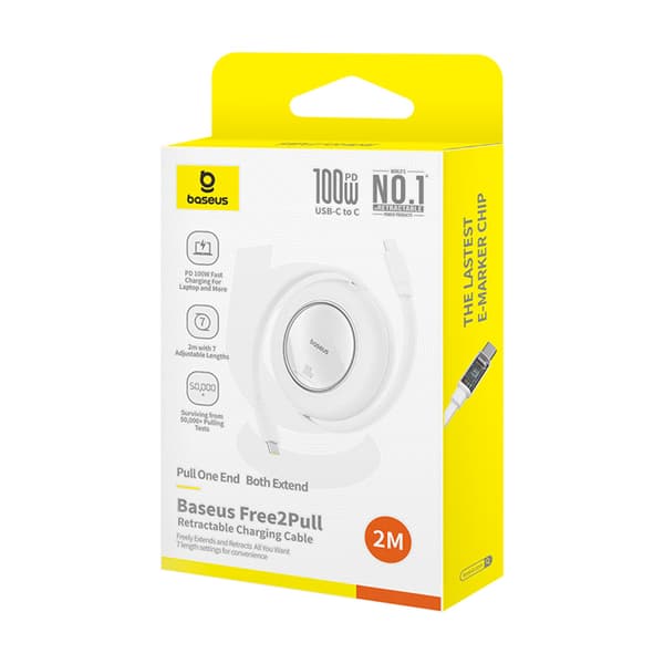 Utdragbar USB-C-kabel 100W 2m - Vit