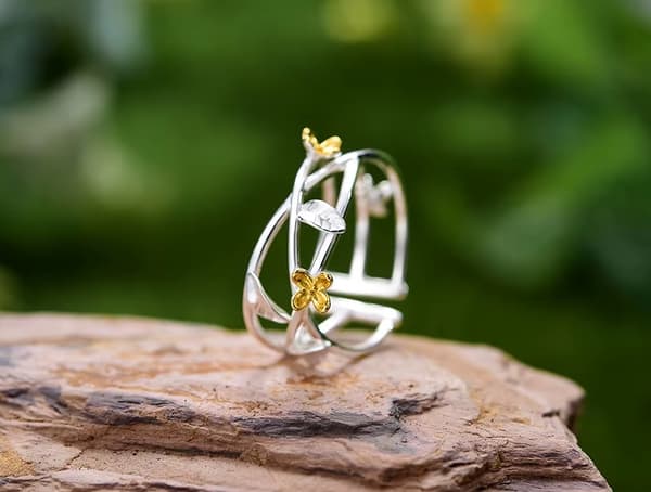 Silverring Justerbar Ring Blommor Löv Silver 925 Trusky