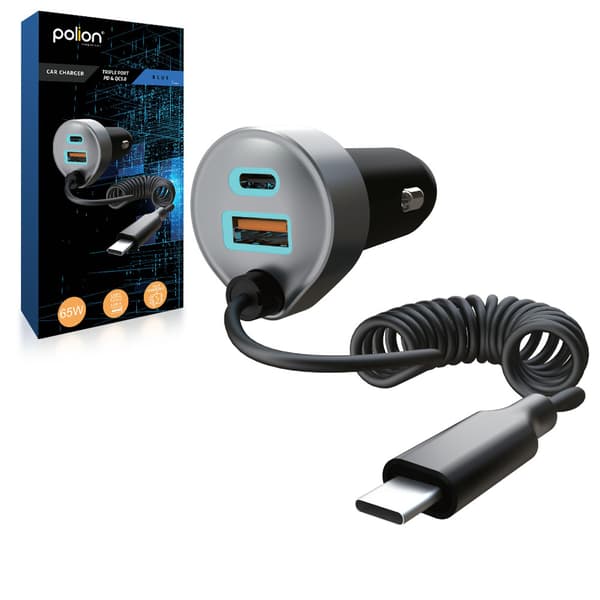 Biloplader 12V USB-C 65W med 2x USB-C, USB-A og Quick Charge