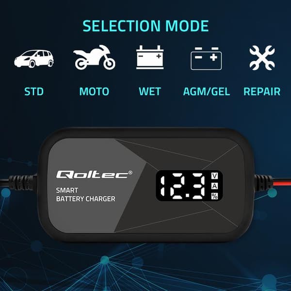 Qoltec Smart mikroprocessoroplader 12V | 2A | AGM GEL batterioplader | LCD