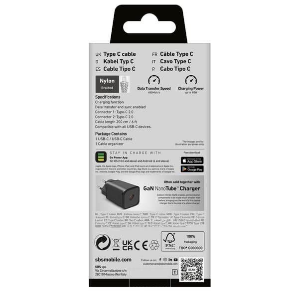 PD USB-C 60W 2m kabel - Grå