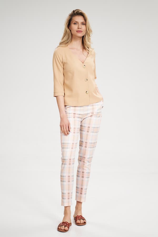 Damblus med V-ringning - beige blus med knapper størrelse L