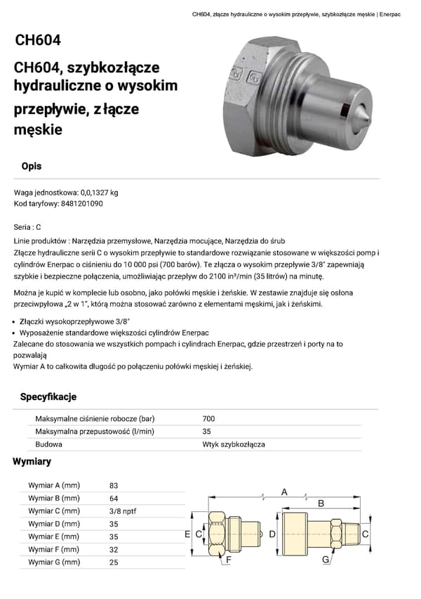 Snabbkoppling CH604 ENERPAC 3/8" NPTF 700 bar