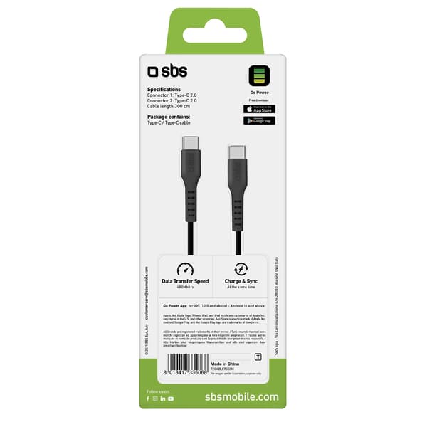 USB-C - USB-C 3m kabel - svart