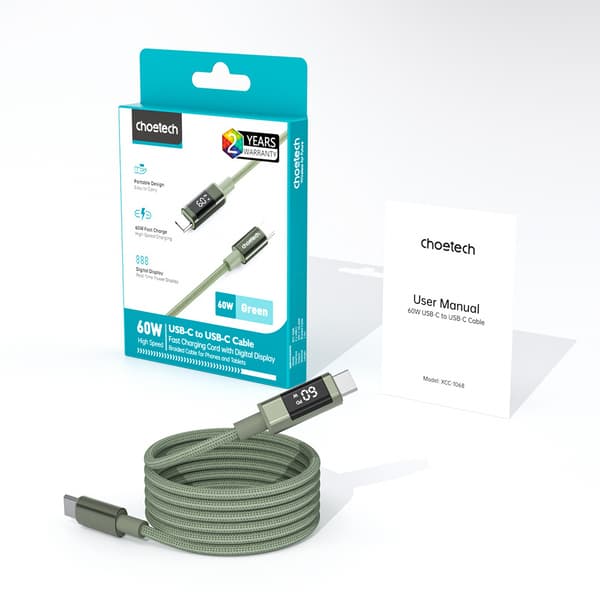 USB-C-kabel med display PD 60W 1,2m - Grøn