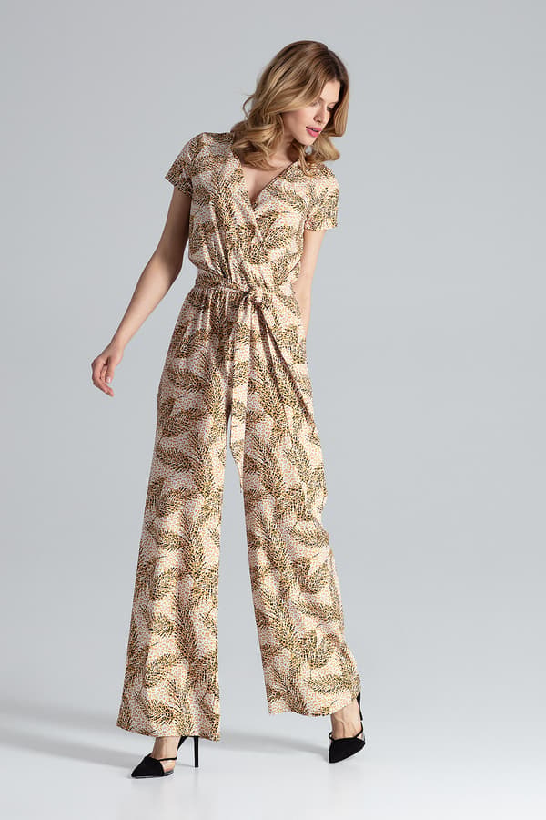 V-ringad jumpsuit med vide ben i leopardmønster M662, størrelse S