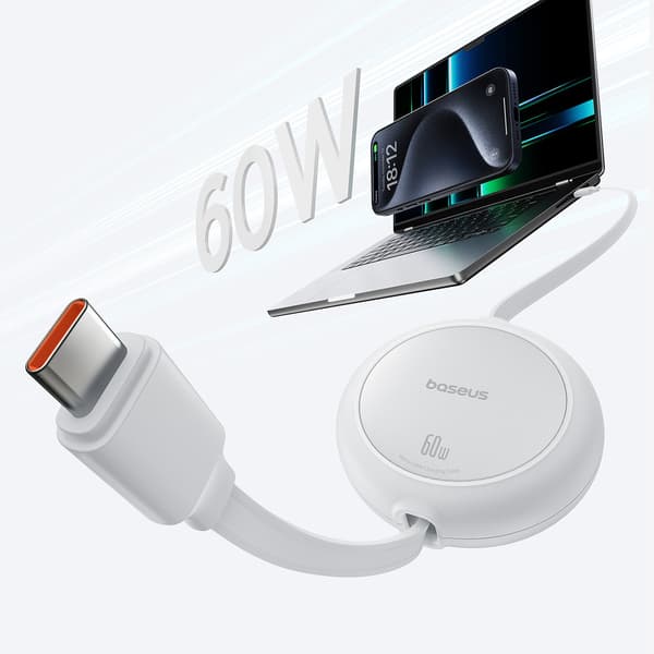 USB-C Free2Pull 60W 1m utdragbar kabel - Vit