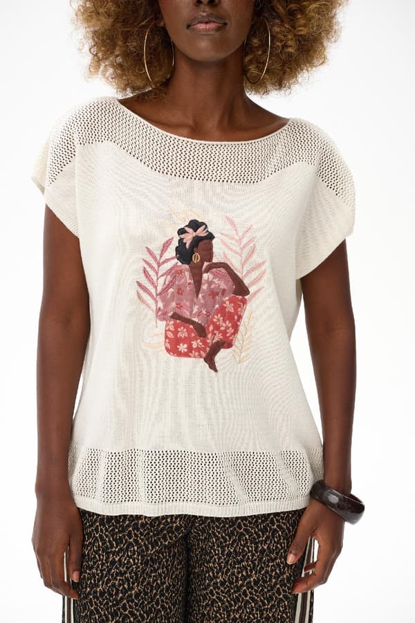 Damebluse med gedemønster, ecru, 40/42