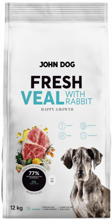 John Dog FRESH JUNIOR Kalvekød med Kanin 12 kg tørfoder til hunde