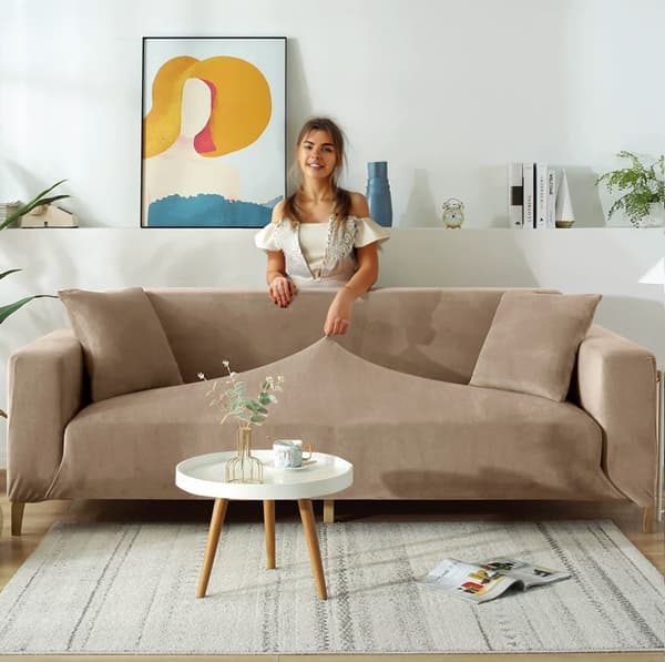 Sofföverdrag 3-sitsig soffa kamelfärgad velour