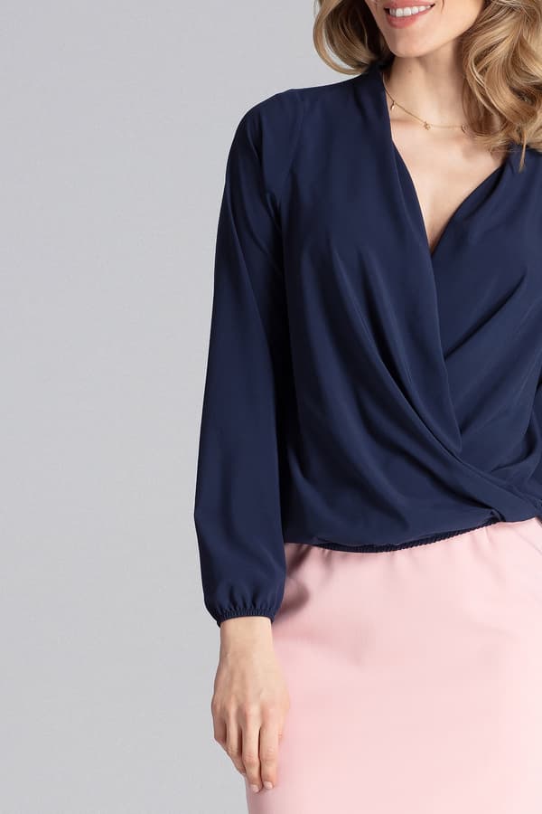 Elegant kuvertblus långärmad marinblå storlek M