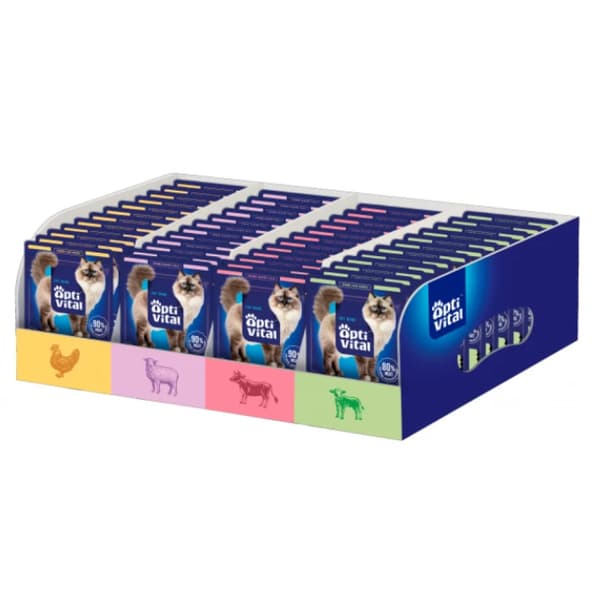 OptiVital vådfoder til katte i poser med 4 smagsvarianter, 112 x 85 g