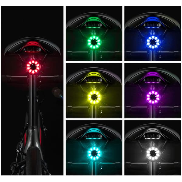 Q1 Baglygte til cykel med 7 farver, LED-strobe + USB-C - USB-A-kabel - Sort