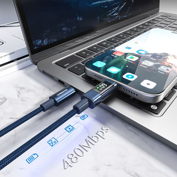 USB-C-kabel med display PD 60W 1,2m - Blå