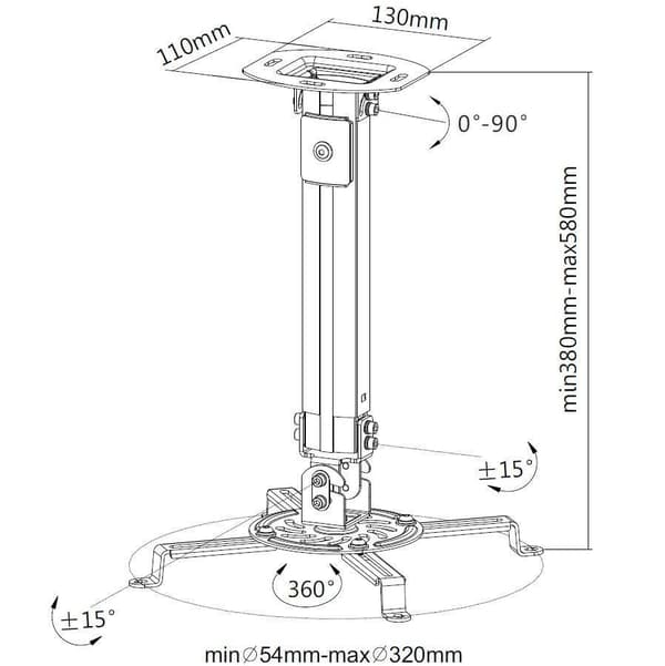 Techly Projektorarm 38-58 cm. 13,5 kg, Loftmontering, Sølv