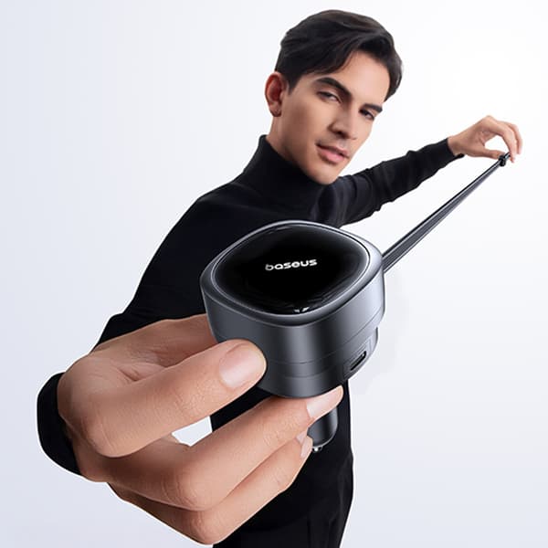 USB-A USB-C Biloplader med Udtrækkeligt USB-C Kabel 60W - Sort
