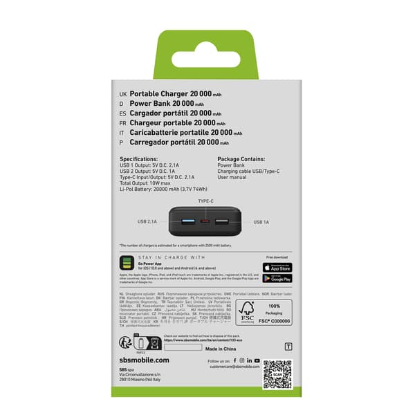 Powerbank 20000 mAh USB-A USB-C - sort