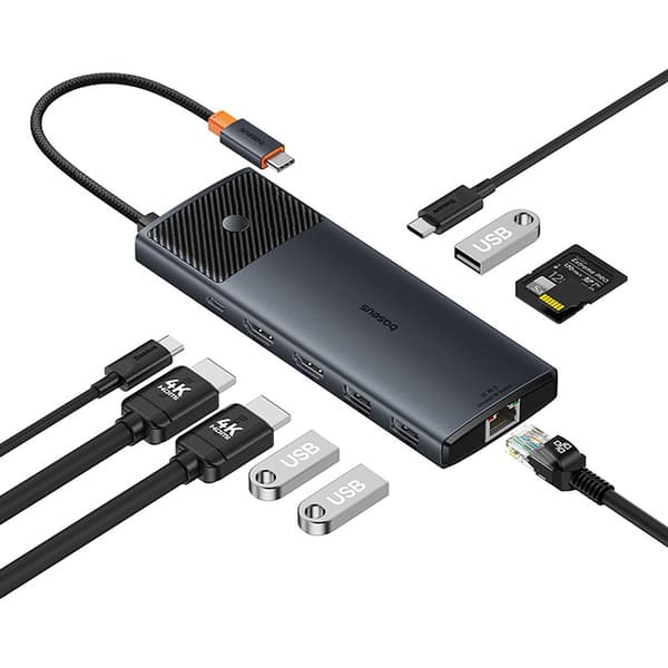 HUB-sovitinjakaja 10in1 HDMI USB-A USB-C RJ45 SD TF - harmaa