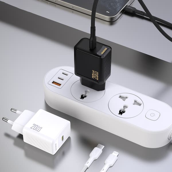 USB-C vægoplader med USB-C kabel - iPhone Lightning GaN PD 20W - Sort