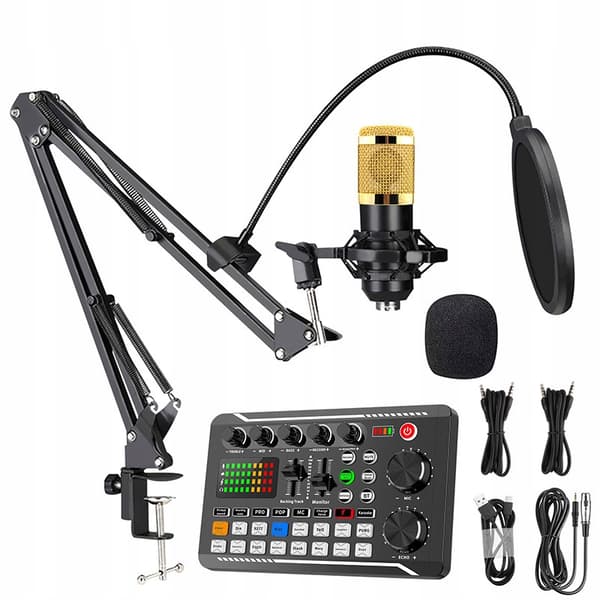 Studio kondensatormikrofon + lydkort mixer stativ sæt
