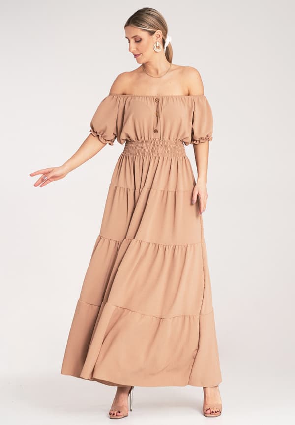 Lång sommarklänning med volanger beige M1170 universal