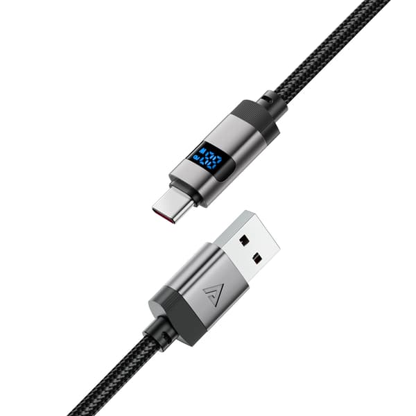 USB-A - USB-C kabel med display 480Mb/s 66W 1,2m - sort