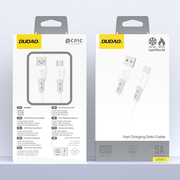 Silikonflätad kabel USB-A - USB-C L25ST 5A 1m - vit