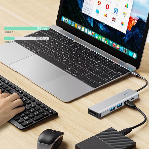 5in1 HUB-sovitin USB-C PD USB-A HDMI 4K 60Hz 100W - harmaa